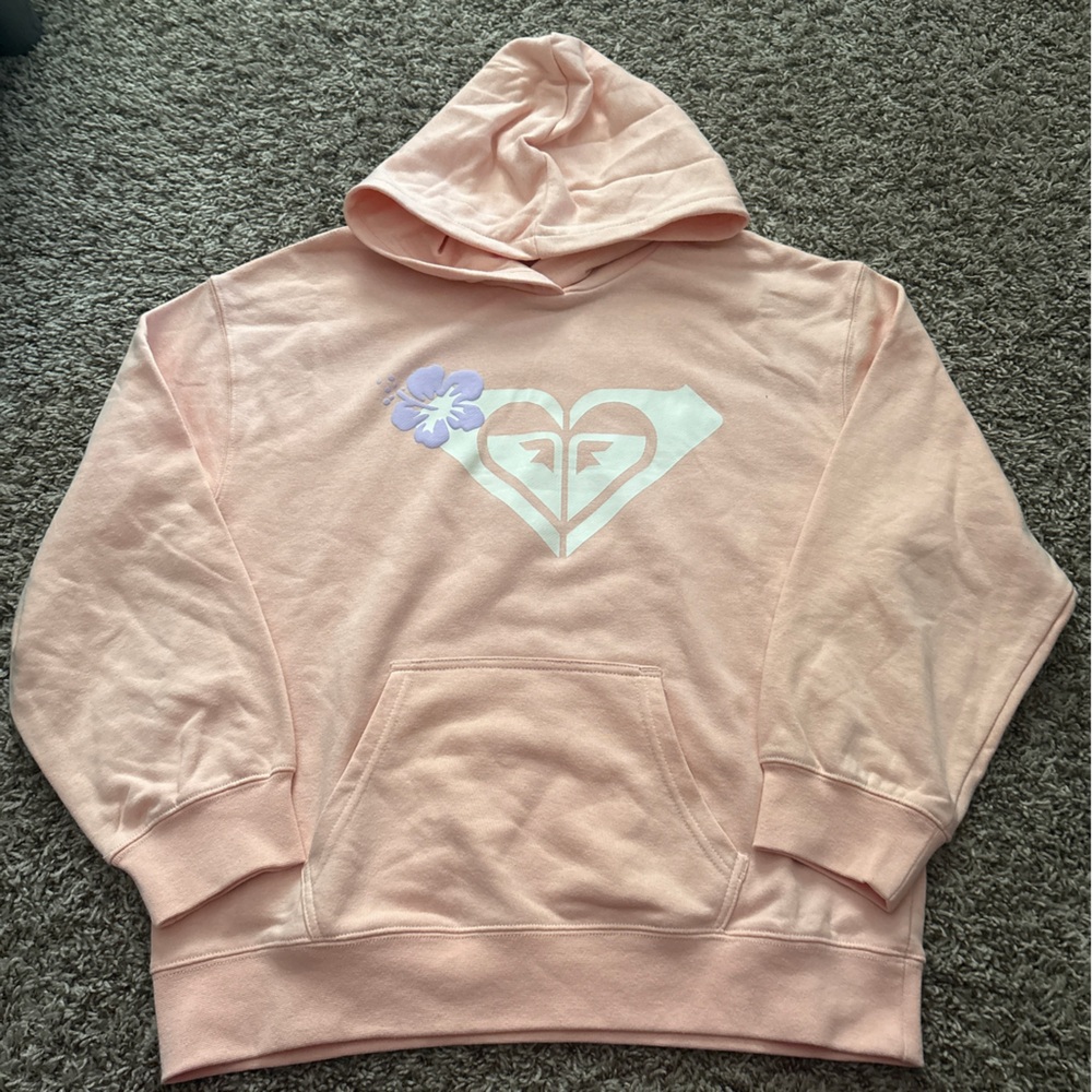 Roxy Light Pink Hoodie with White Logo and Lavender Flower Accent